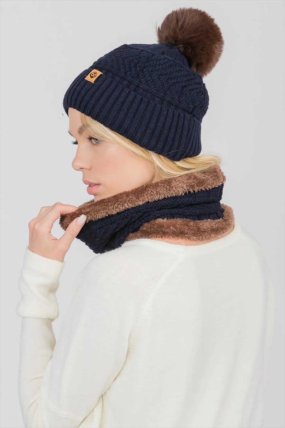 EASY DETACHABLE POMPOM BEANIE WITH INFINITY SCARF 4 ASSORTED COLORS/12PCS (NOW $5.75 ONLY!)
