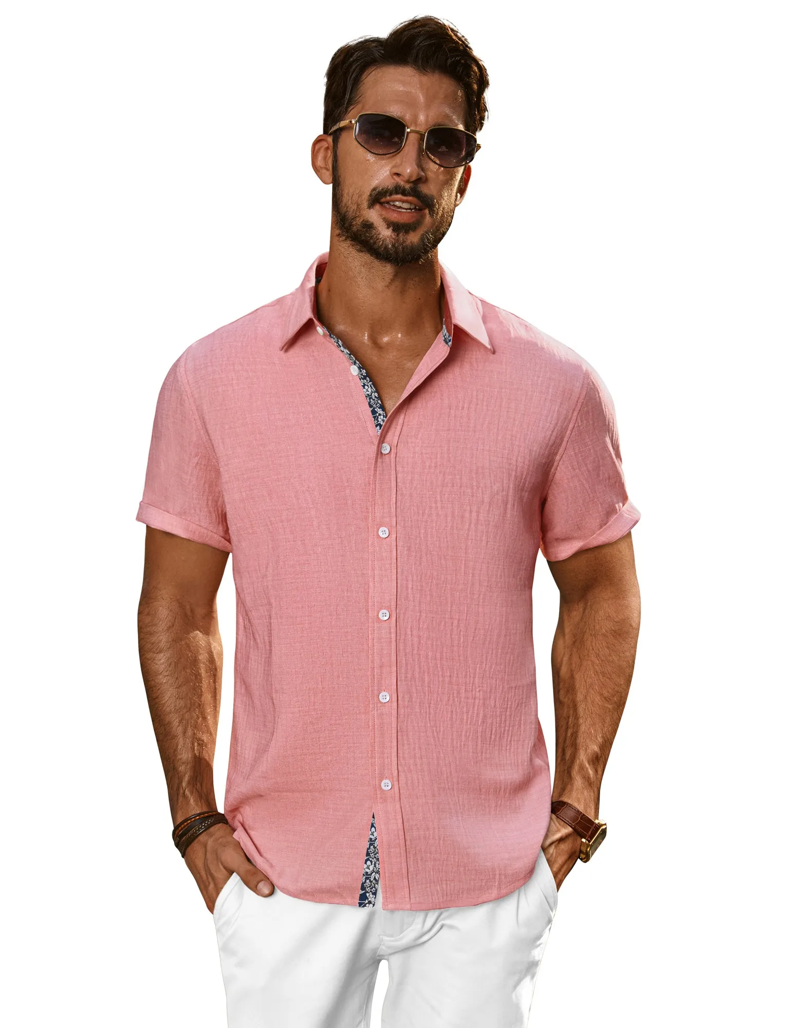 Men Straight Shirt Casual Short Sleeve Lapel Collar Button-up Tops