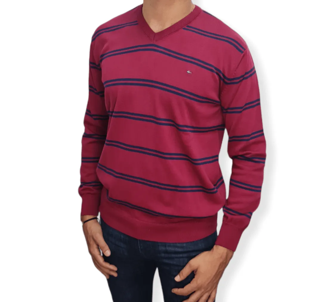 [Slim Fit] Men V-Collar Pullover TH - Red Stripes